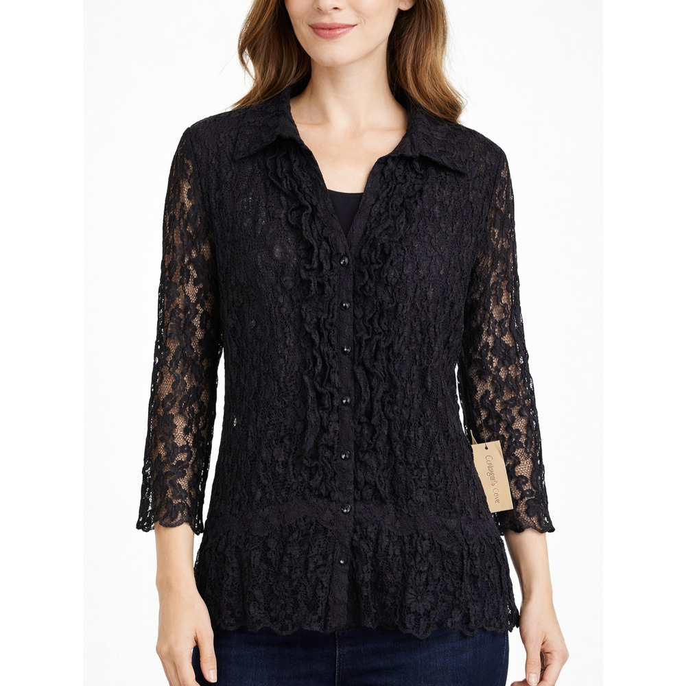 Coldwater Creek Black Lace Peplum Top Petite XL Sheer Crinkle 3/4 Sleeve Goth